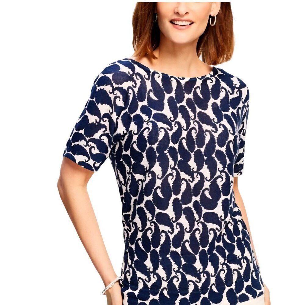 Talbots Shadow Paisley Navy Dolman Sleeve V Neck Linen Blend Sweater Size Mp